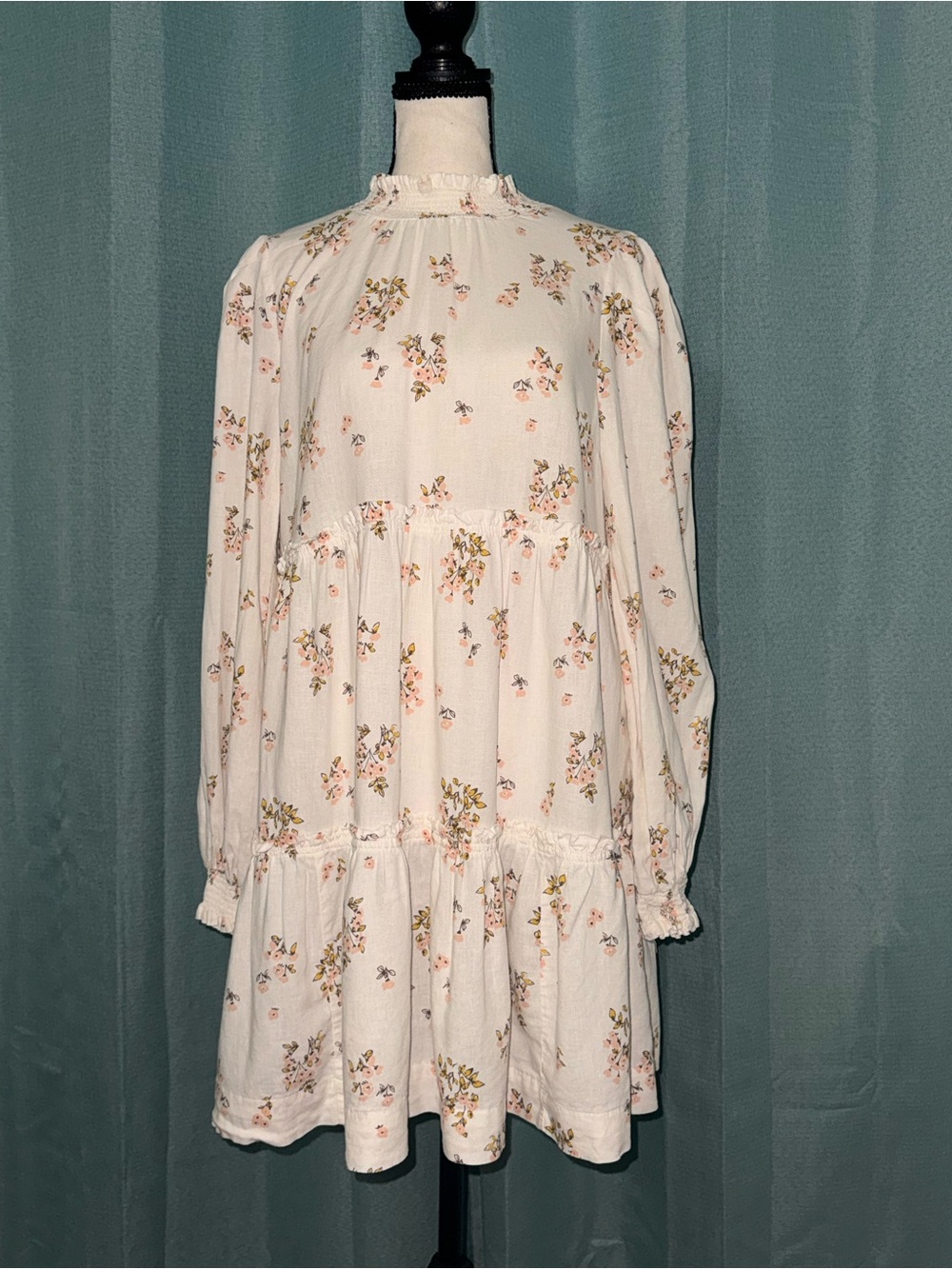 Free People Petit Fours Mini Dress S/P Ivory Floral Linen Blend EUC